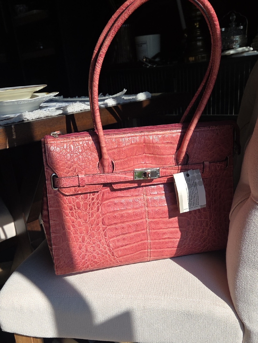 NWT Genuine Leather Croc-Embossed Bag in Dusty Rose Hermes Birkin Style